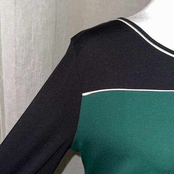 Ann Taylor L Black Winter Green White Crewneck Quarter Sleeve Cotton Blend Top - Picture 8 of 12